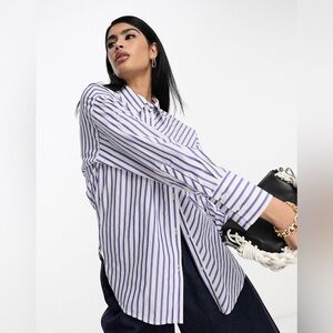 Mango Oversized Blue and White Striped Shirt